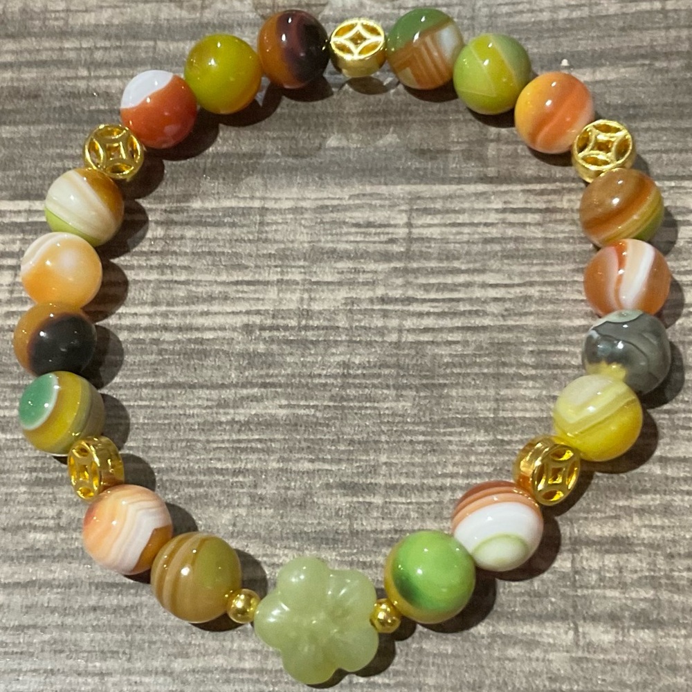 Multicolor Peacock Agate Hand Crafted Crystal Bracelet with Gold Accents